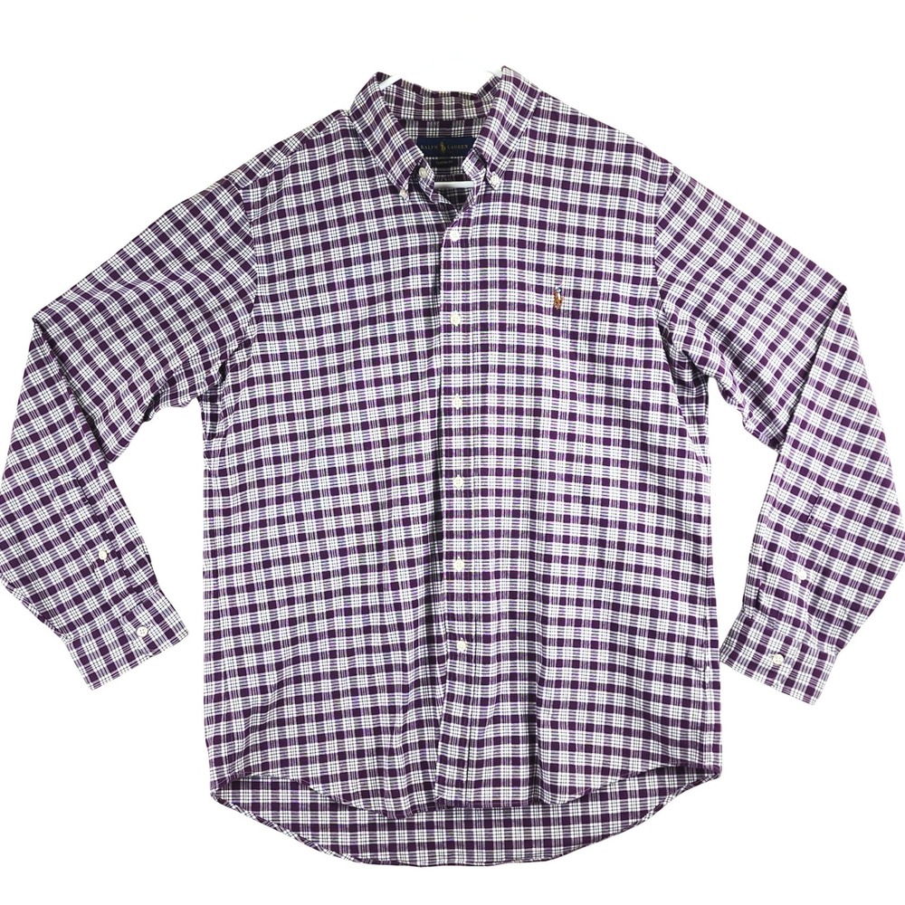 Ralph Lauren Classic Fit Button Down Shirt Mens L Purple Plaid Preppy Flesh pony